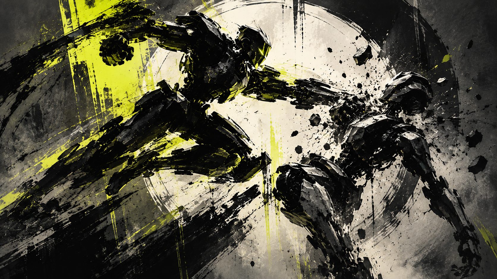 Two humanoid robots trading blows, painted in black ink with acid-green splashes